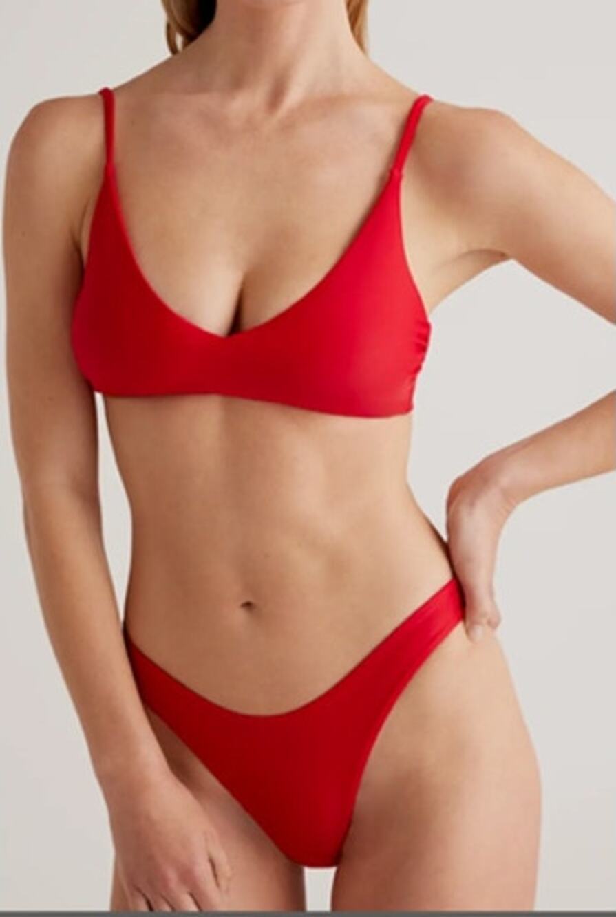 Quince NWT Bikini Set Italian V-Neck Top and High Leg Bottom Medium Cherry Red